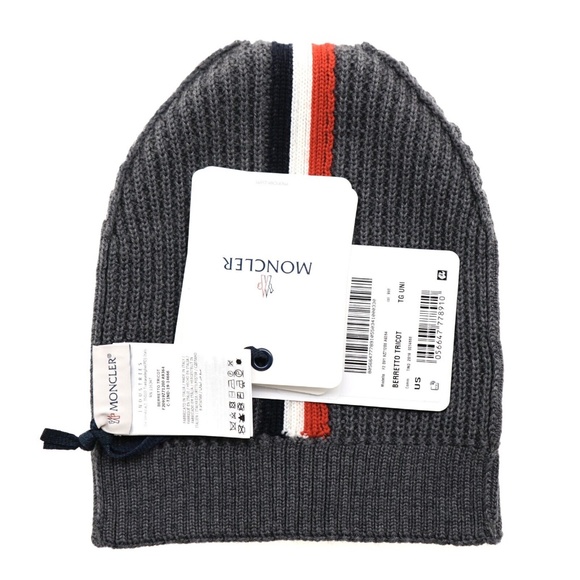 Moncler Beanie Hat Logo Striped Waffle Knit Wool New - Picture 4 of 5